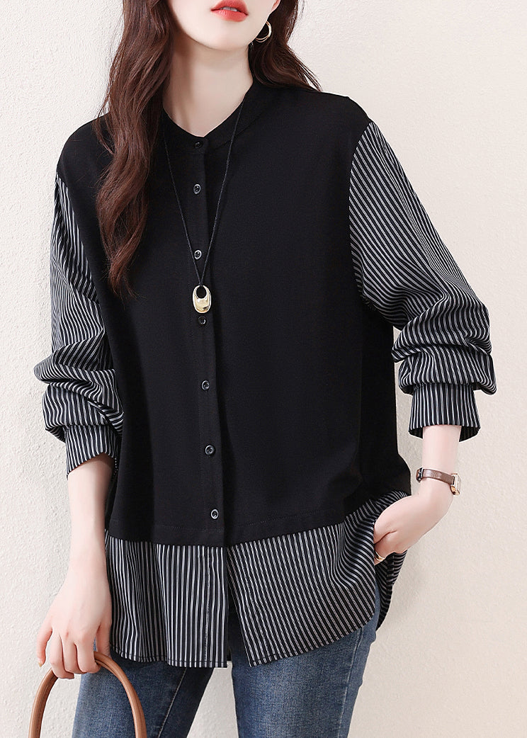 Black Striped Patchwork Cotton Fake Two-Piece Tops