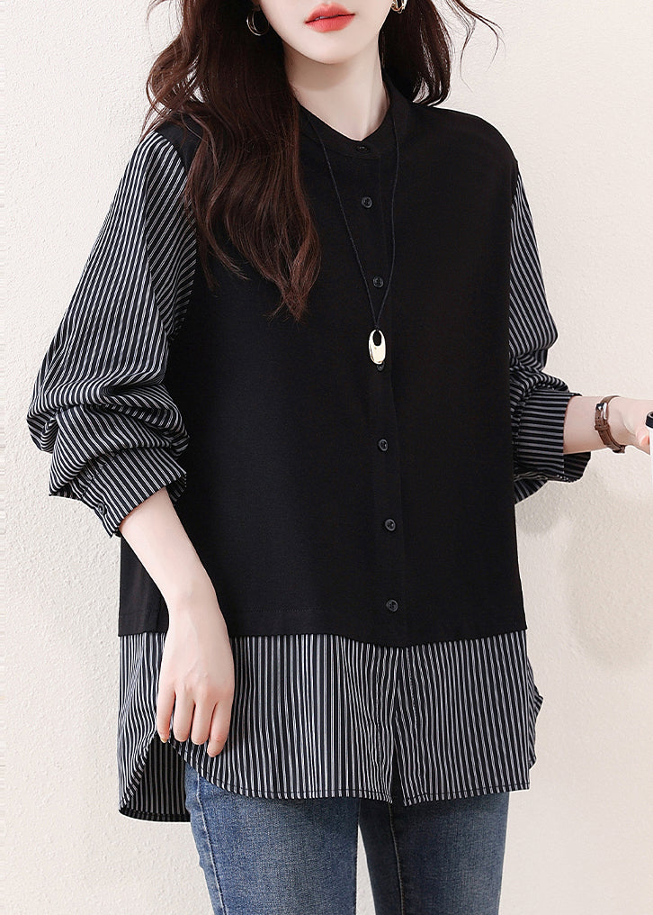 Black Striped Patchwork Cotton Fake Two-Piece Tops