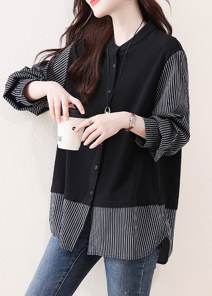 Black Striped Patchwork Cotton Fake Two-Piece Tops