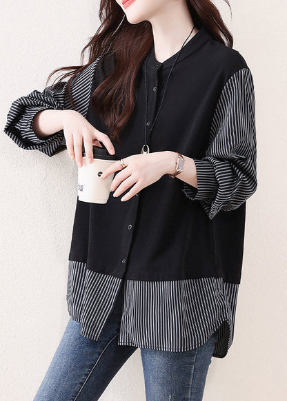 Black Striped Patchwork Cotton Fake Two-Piece Tops