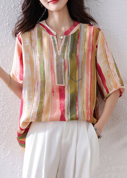 Rainbow V-Neck Striped Cotton Top Half Sleeve