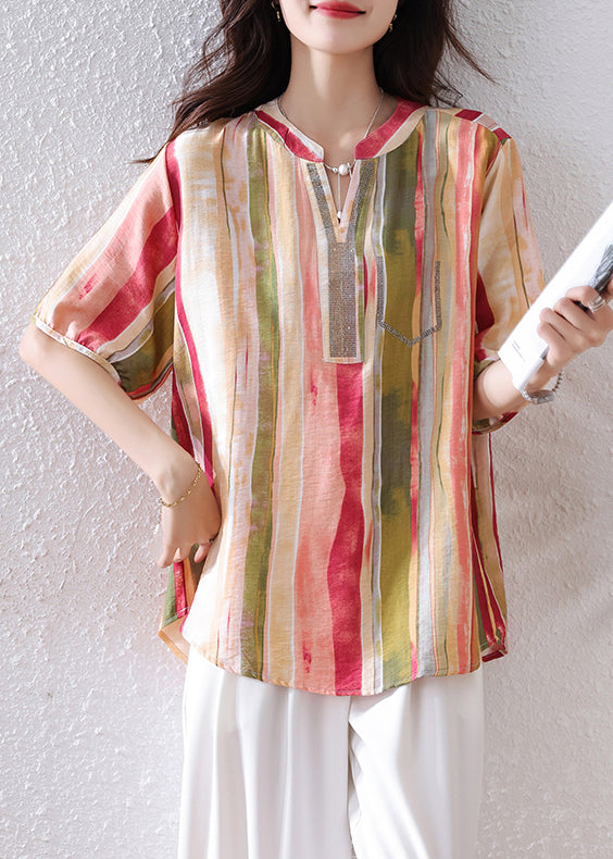 Rainbow V-Neck Striped Cotton Top Half Sleeve