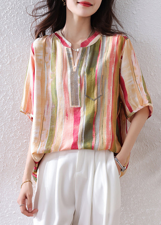 Rainbow V-Neck Striped Cotton Top Half Sleeve