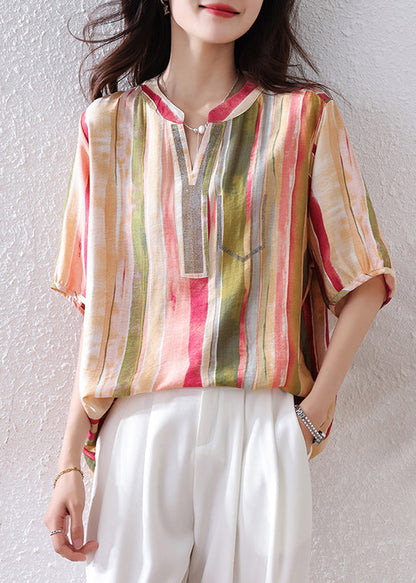 Rainbow V-Neck Striped Cotton Top Half Sleeve