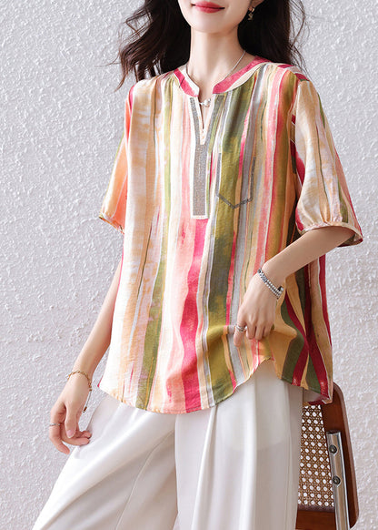 Rainbow V-Neck Striped Cotton Top Half Sleeve