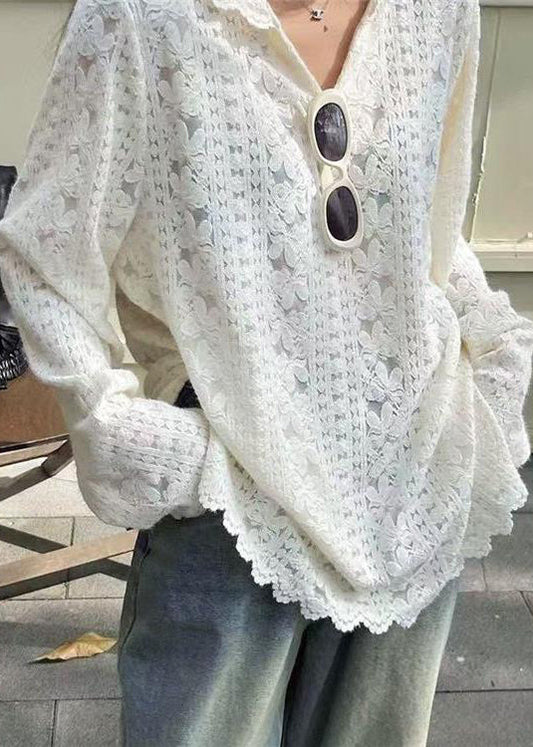 White Hooded Jacquard Lace Pullover Sweatshirt
