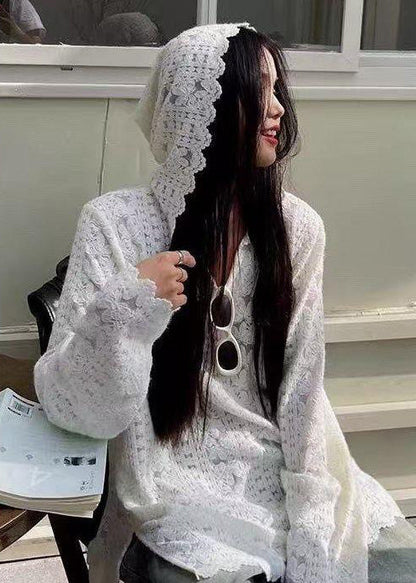 White Hooded Jacquard Lace Pullover Sweatshirt
