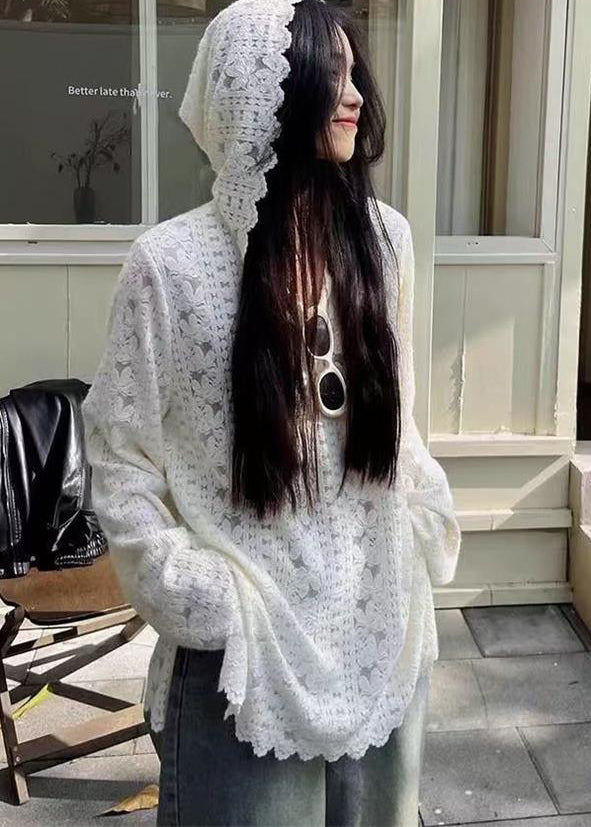 White Hooded Jacquard Lace Pullover Sweatshirt