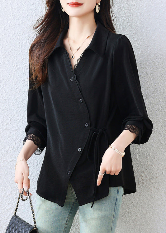 Elegant Black Asymmetrical Patchwork Tunic Shirt Top