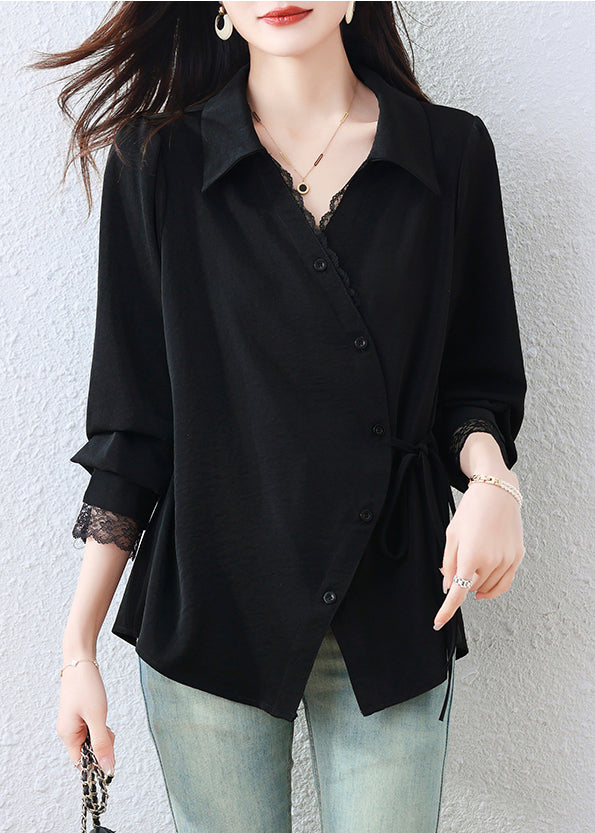 Elegant Black Asymmetrical Patchwork Tunic Shirt Top