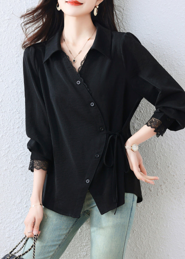 Elegant Black Asymmetrical Patchwork Tunic Shirt Top