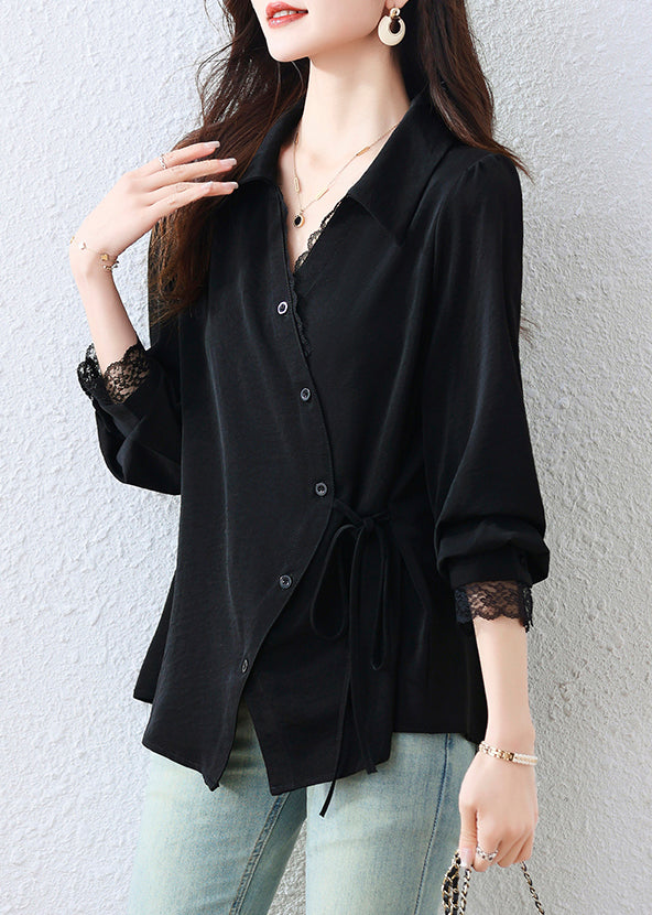 Elegant Black Asymmetrical Patchwork Tunic Shirt Top