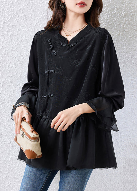 Elegant Black Chinese Button Patchwork Silk Shirt Top Flare Sleeve