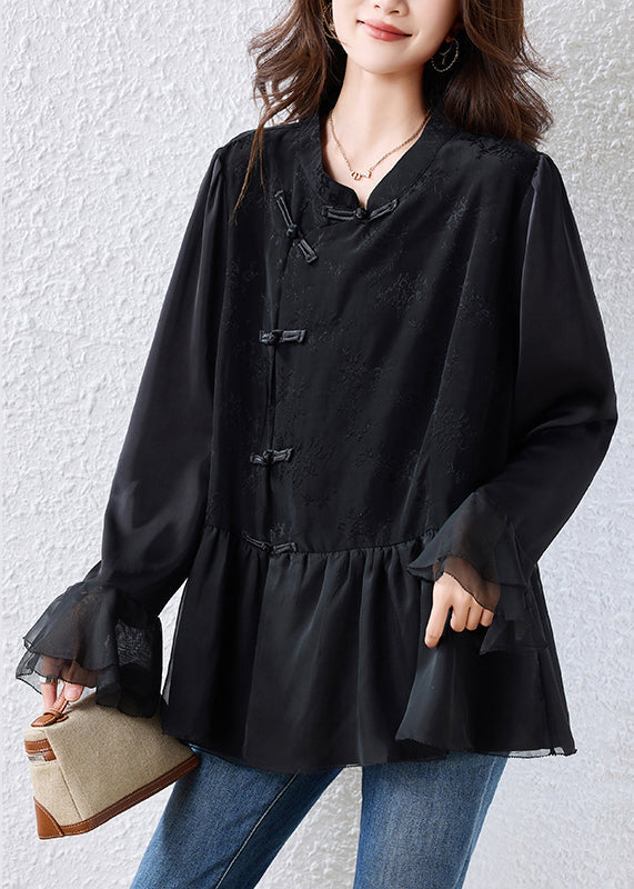 Elegant Black Chinese Button Patchwork Silk Shirt Top Flare Sleeve
