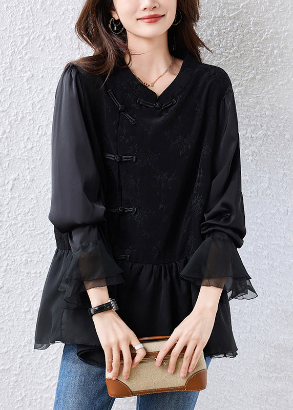 Elegant Black Chinese Button Patchwork Silk Shirt Top Flare Sleeve