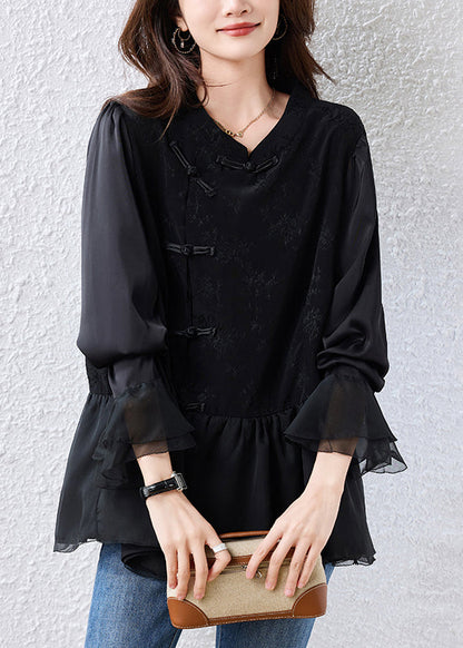 Elegant Black Chinese Button Patchwork Silk Shirt Top Flare Sleeve