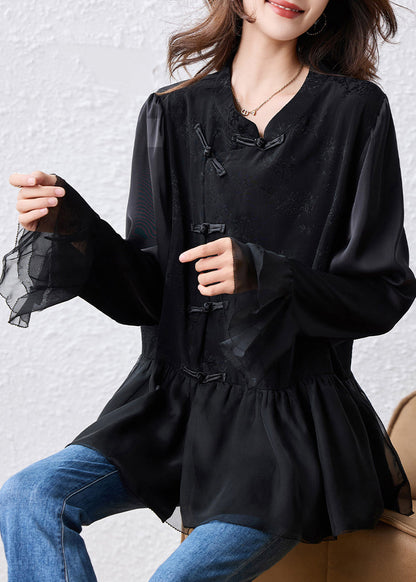 Elegant Black Chinese Button Patchwork Silk Shirt Top Flare Sleeve