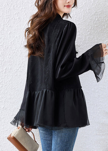 Elegant Black Chinese Button Patchwork Silk Shirt Top Flare Sleeve