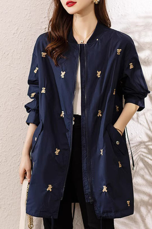 Elegant Navy Bear Embroidered Spandex Trench Coats