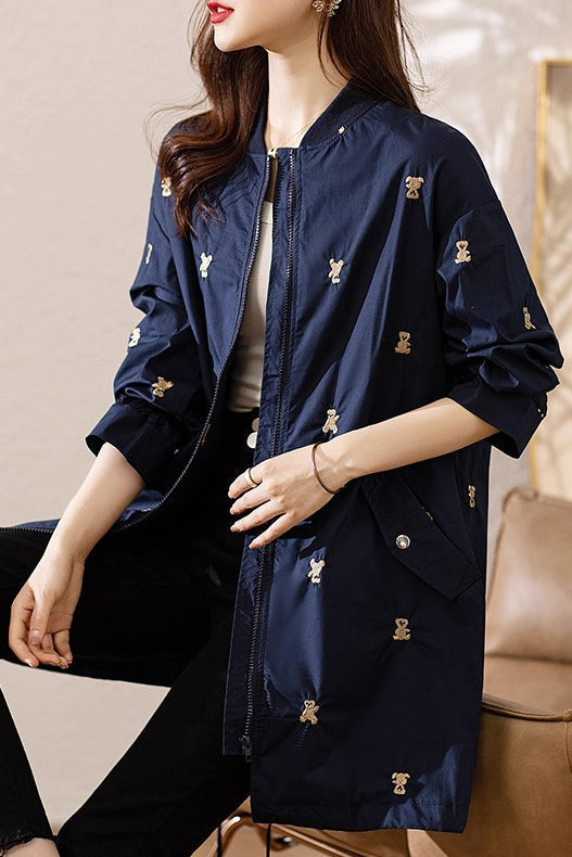 Elegant Navy Bear Embroidered Spandex Trench Coats