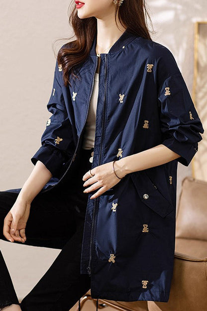 Elegant Navy Bear Embroidered Spandex Trench Coats