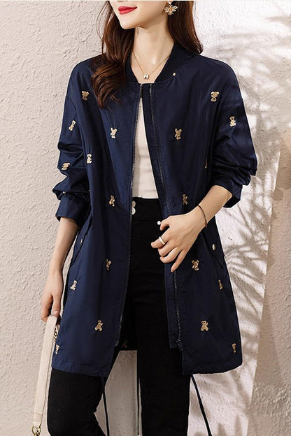 Elegant Navy Bear Embroidered Spandex Trench Coats