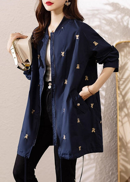 Elegant Navy Bear Embroidered Spandex Trench Coats