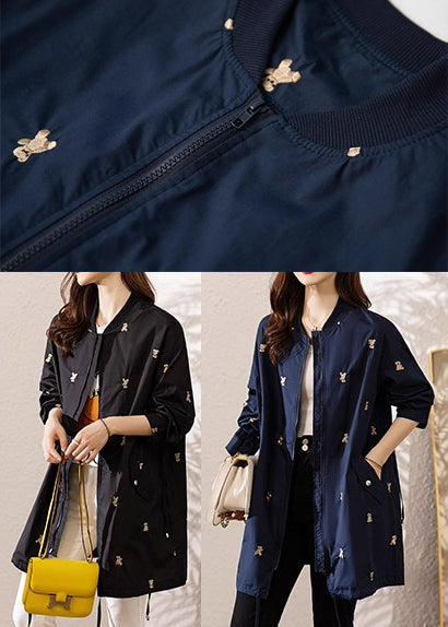Elegant Navy Bear Embroidered Spandex Trench Coats