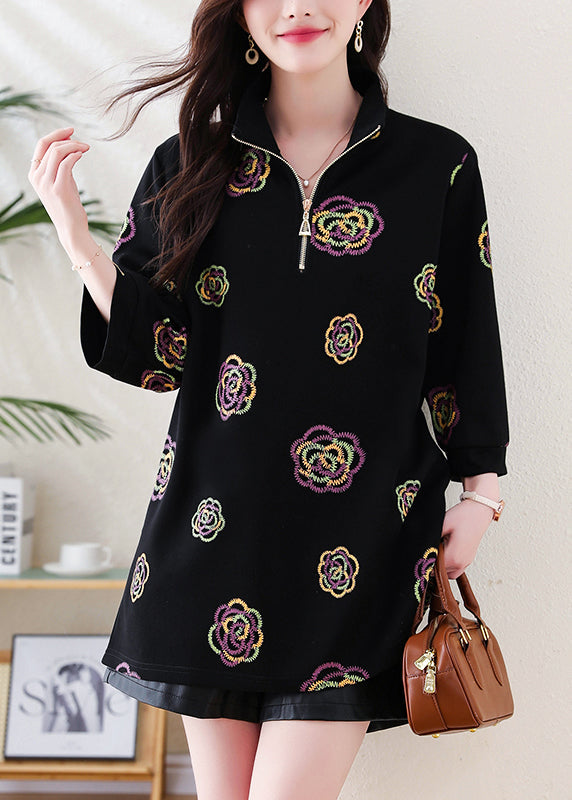 Black Embroidered Cotton Sweatshirt Tops Bracelet Sleeve