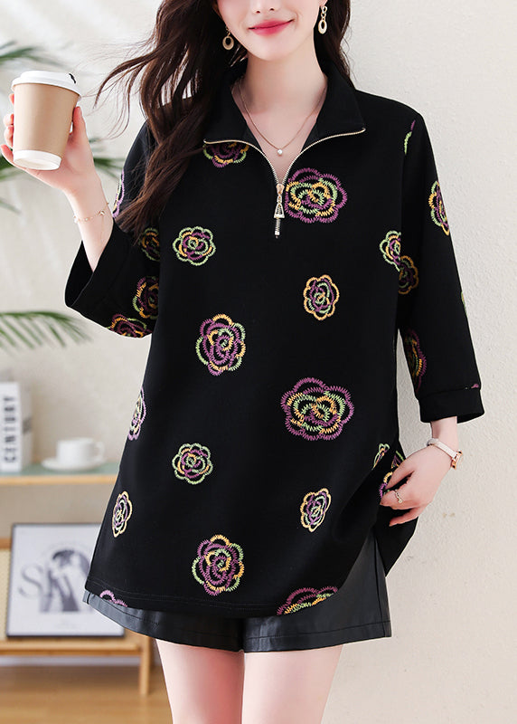 Black Embroidered Cotton Sweatshirt Tops Bracelet Sleeve