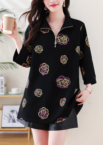 Black Embroidered Cotton Sweatshirt Tops Bracelet Sleeve
