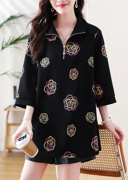 Black Embroidered Cotton Sweatshirt Tops Bracelet Sleeve