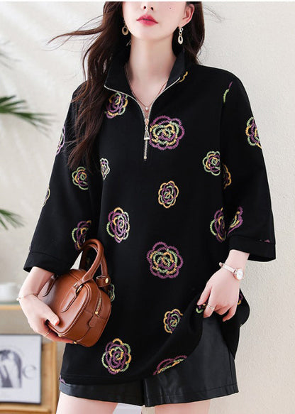 Black Embroidered Cotton Sweatshirt Tops Bracelet Sleeve