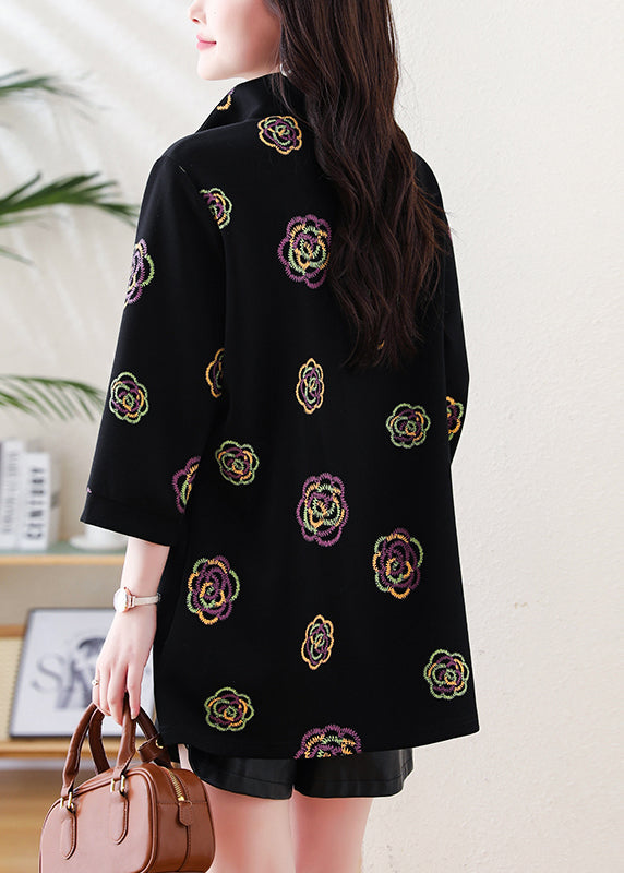 Black Embroidered Cotton Sweatshirt Tops Bracelet Sleeve