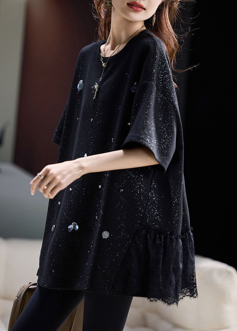 Black Oversized Patchwork Cotton Tops