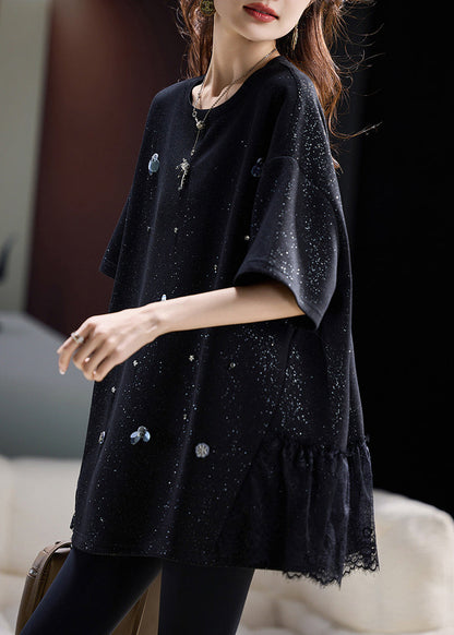 Black Oversized Patchwork Cotton Tops