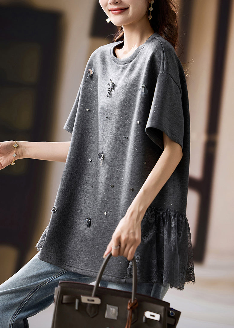 Black Oversized Patchwork Cotton Tops
