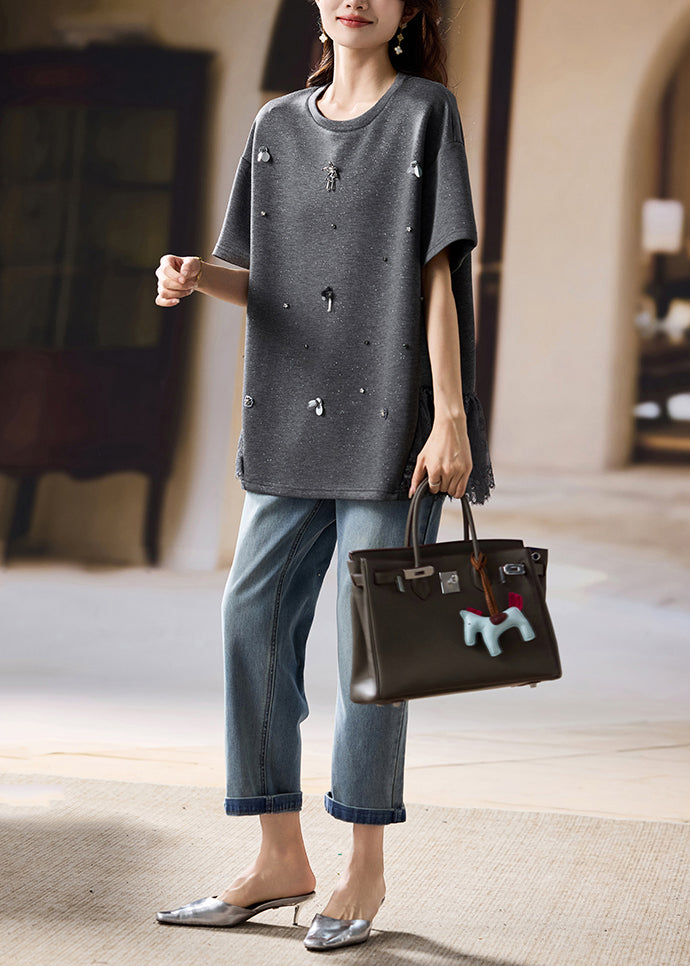 Black Oversized Patchwork Cotton Tops