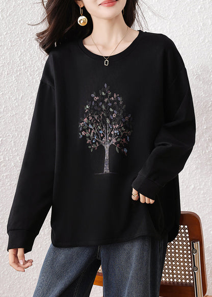 Black Oversized Print Cotton Sweatshirt Top