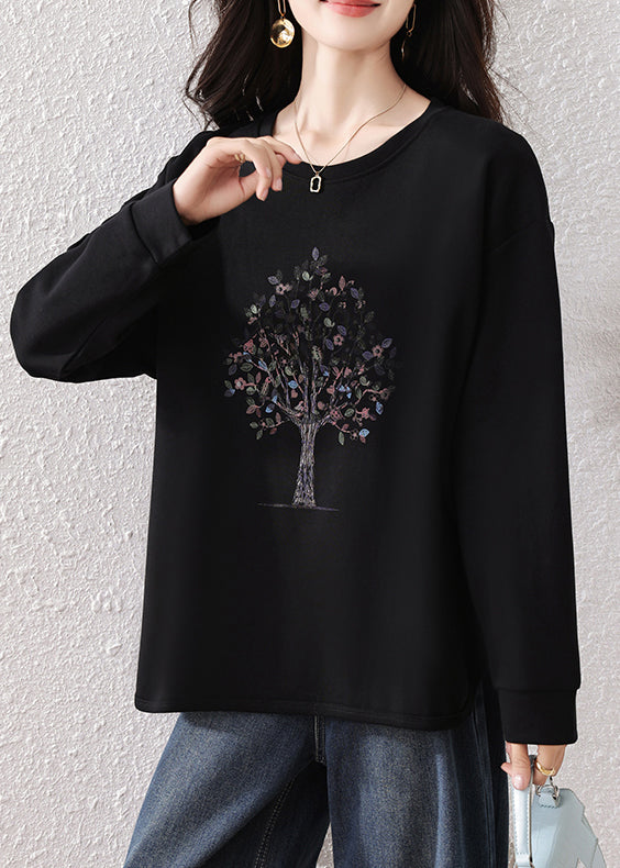 Black Oversized Print Cotton Sweatshirt Top