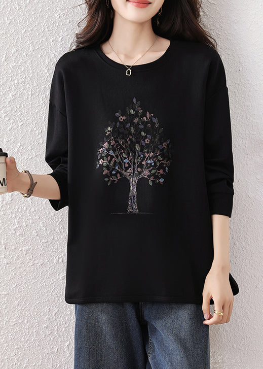 Black Oversized Print Cotton Sweatshirt Top