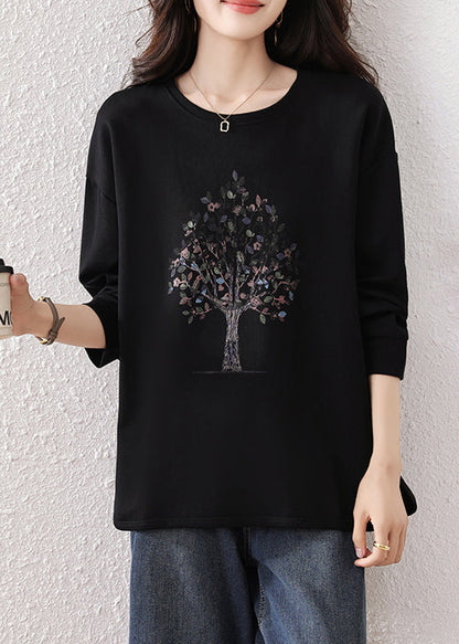 Black Oversized Print Cotton Sweatshirt Top
