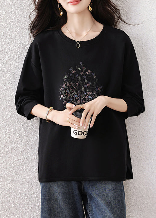 Black Oversized Print Cotton Sweatshirt Top