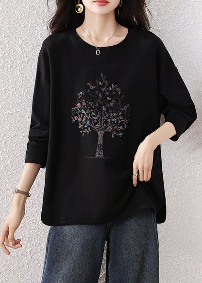 Black Oversized Print Cotton Sweatshirt Top