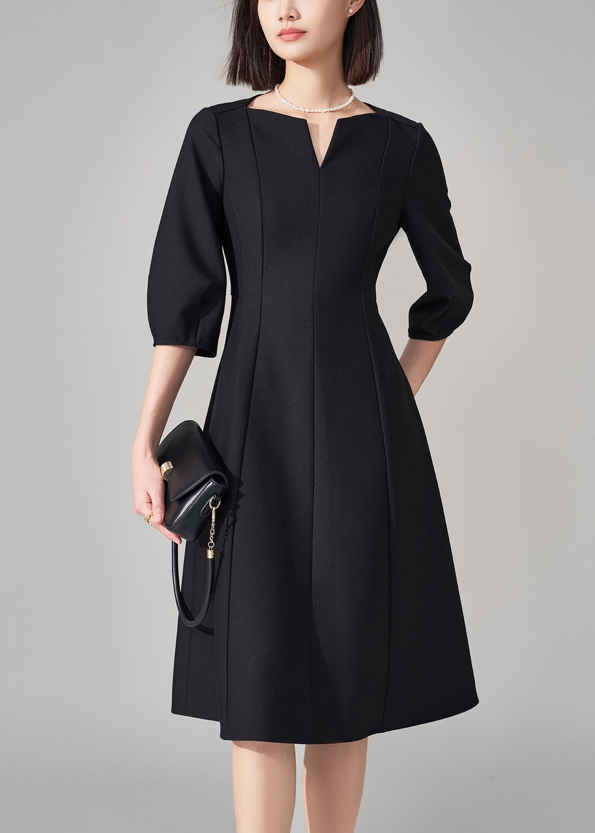 Black V-Neck Zippered High Waist Cotton Dresses Half Sleeve