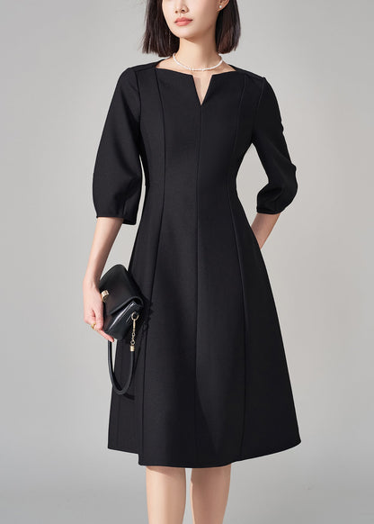 Black V-Neck Zippered High Waist Cotton Dresses Half Sleeve