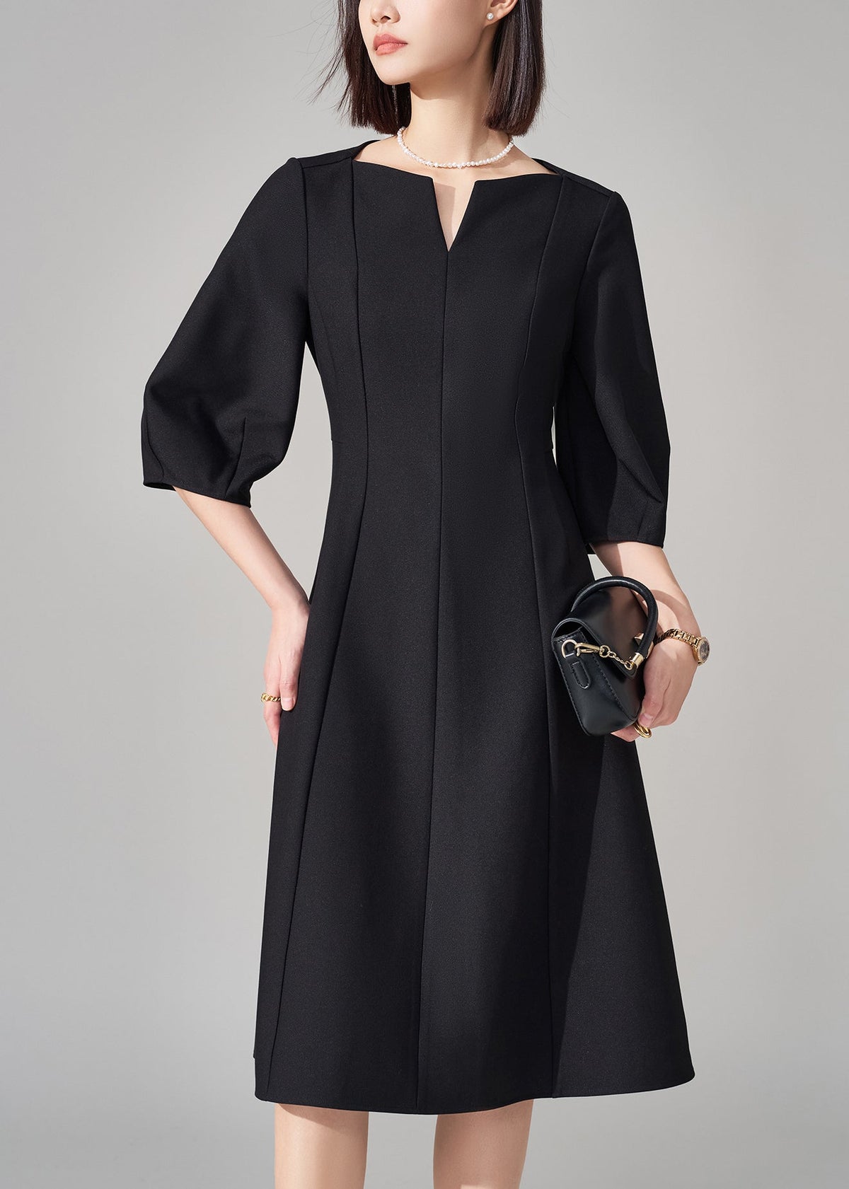 Black V-Neck Zippered High Waist Cotton Dresses Half Sleeve