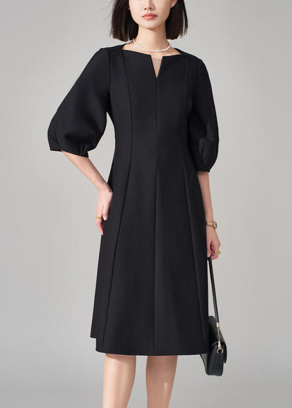 Black V-Neck Zippered High Waist Cotton Dresses Half Sleeve