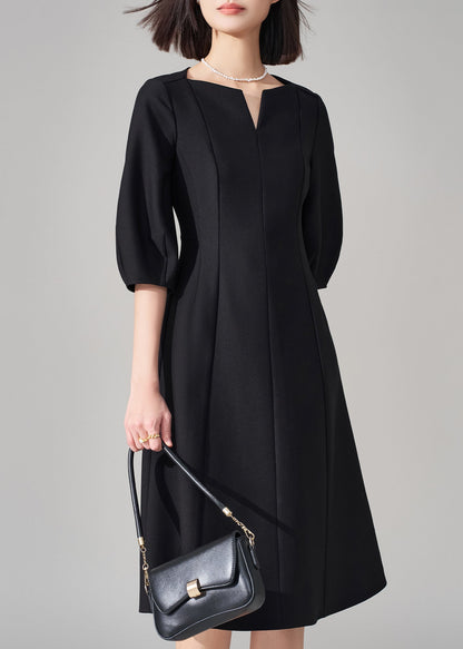 Black V-Neck Zippered High Waist Cotton Dresses Half Sleeve