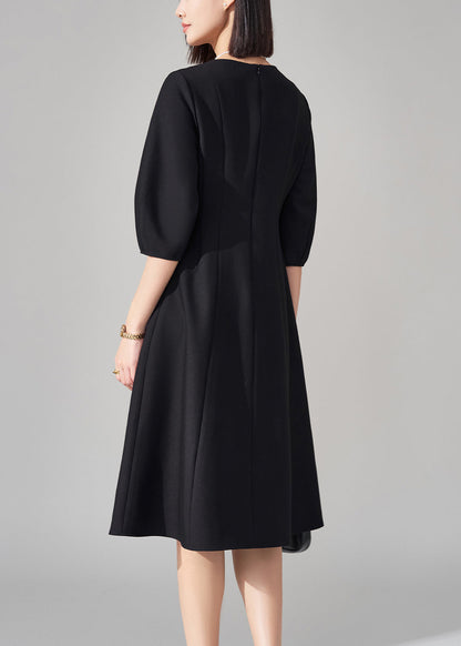 Black V-Neck Zippered High Waist Cotton Dresses Half Sleeve